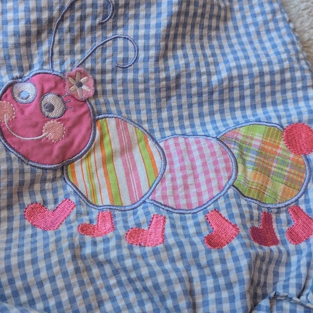 Infant Girls Vintage Blue Seersucker Embroidered Caterpillar Bubble Romper - Picture 3 of 6